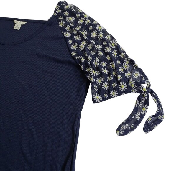 Cato Navy Blue Ribbed Top Shirt Womens Size L Floral Short Sleeve Round Neck - Picture 2 of 10